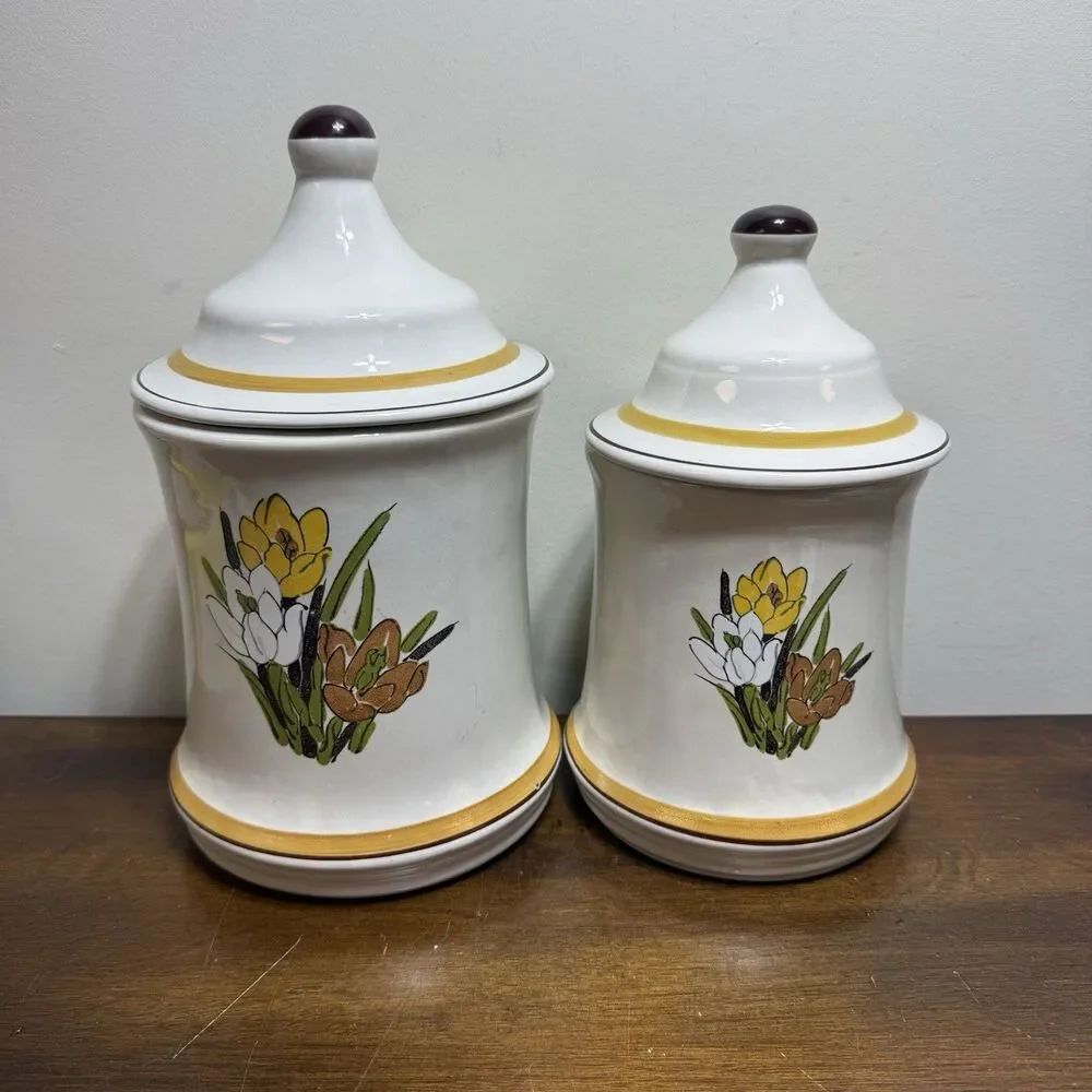 Vtg 70s Acsons Adela Canister Set Of 2 Mid Century Retro Floral Grandma Cottage